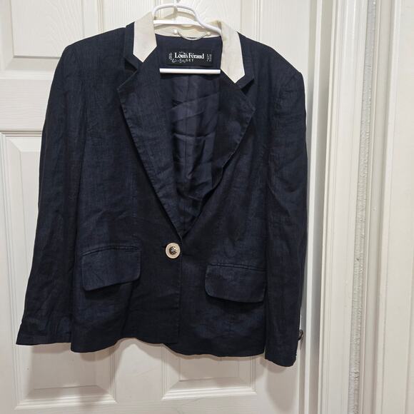 Louis Féraud Navy Linen Blazer Contrast Collar Women’s Size 10 - Picture 6 of 8